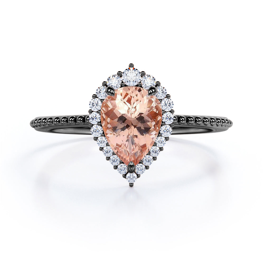 Eccentric Halo 1.25 carat Pear cut Morganite and diamond engraved vintage style engagement ring in Rose gold