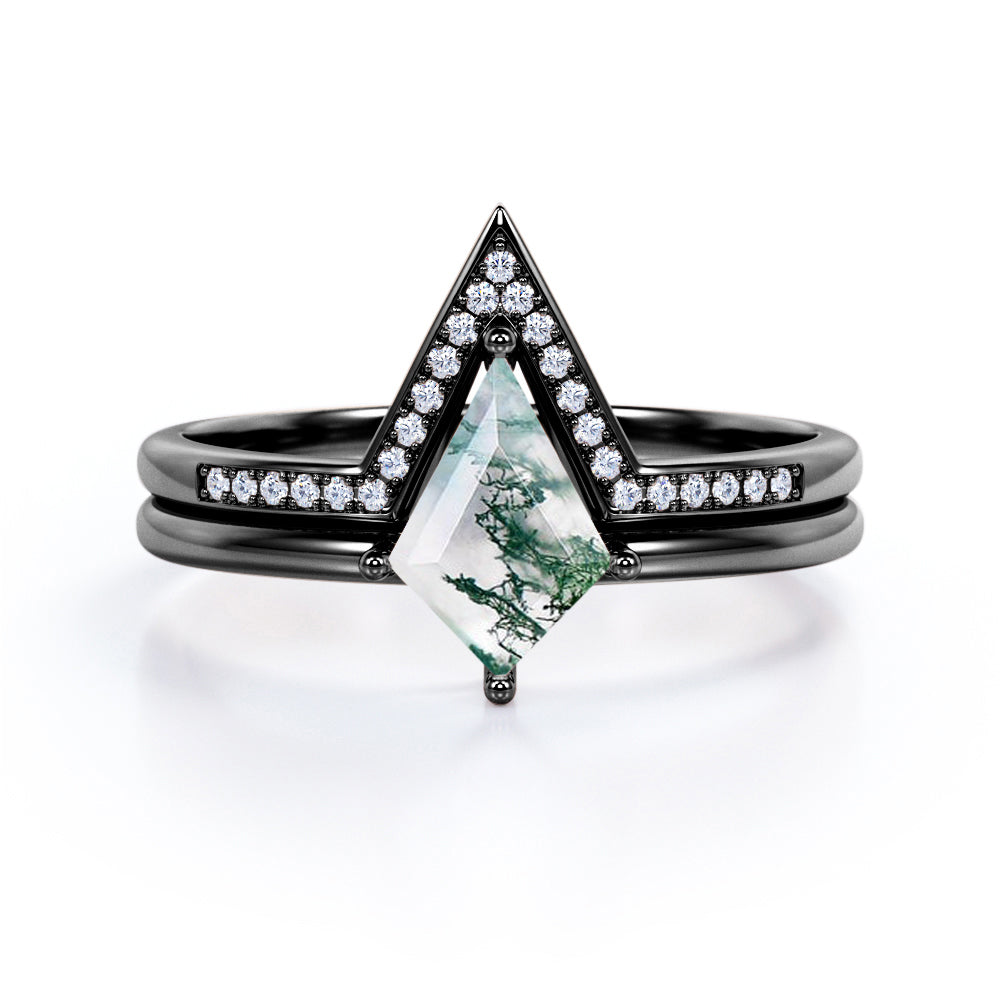 Solitaire Chevron 1.25 carat Kite shaped Moss Green Agate and diamond wedding ring set in Rose gold