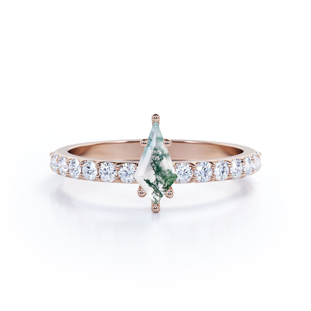 Classic Pave 1.15 carat Kite shaped Moss Agate and diamond 6 prong engagement ring in White gold