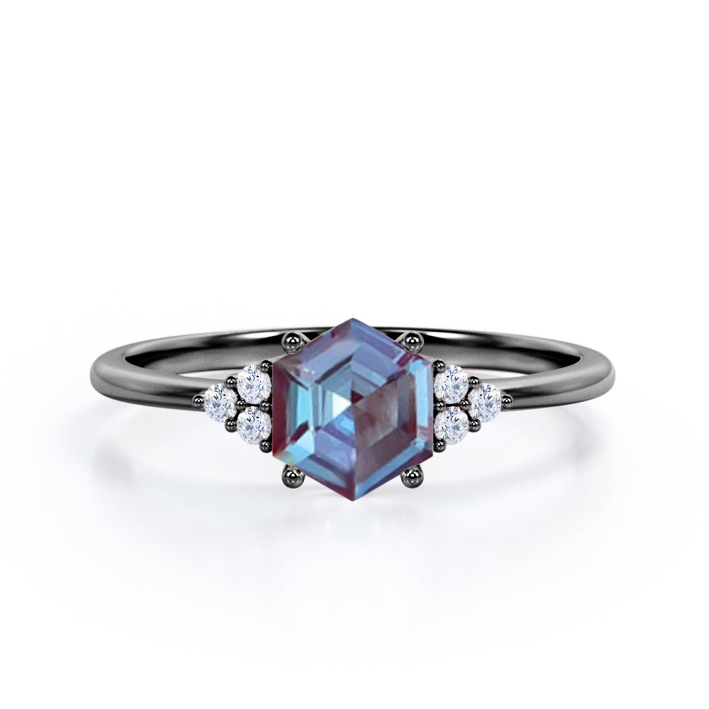 Quadrilateral Prong 0.55 carat Alexandrite and diamond seven stone engagement ring in Black gold