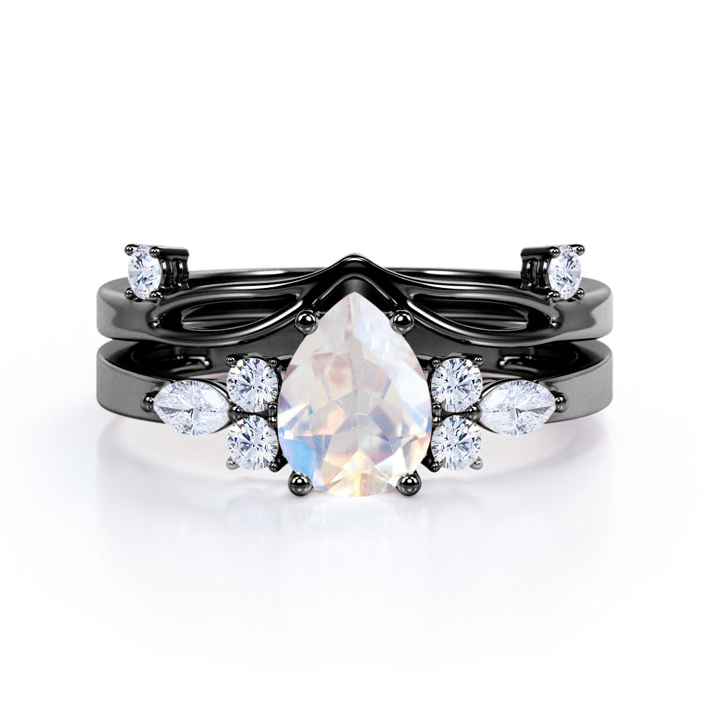 Unique Split Shank 1.25 carat Pear Shaped Moonstone and diamond chevron wedding ring set for women in White gold