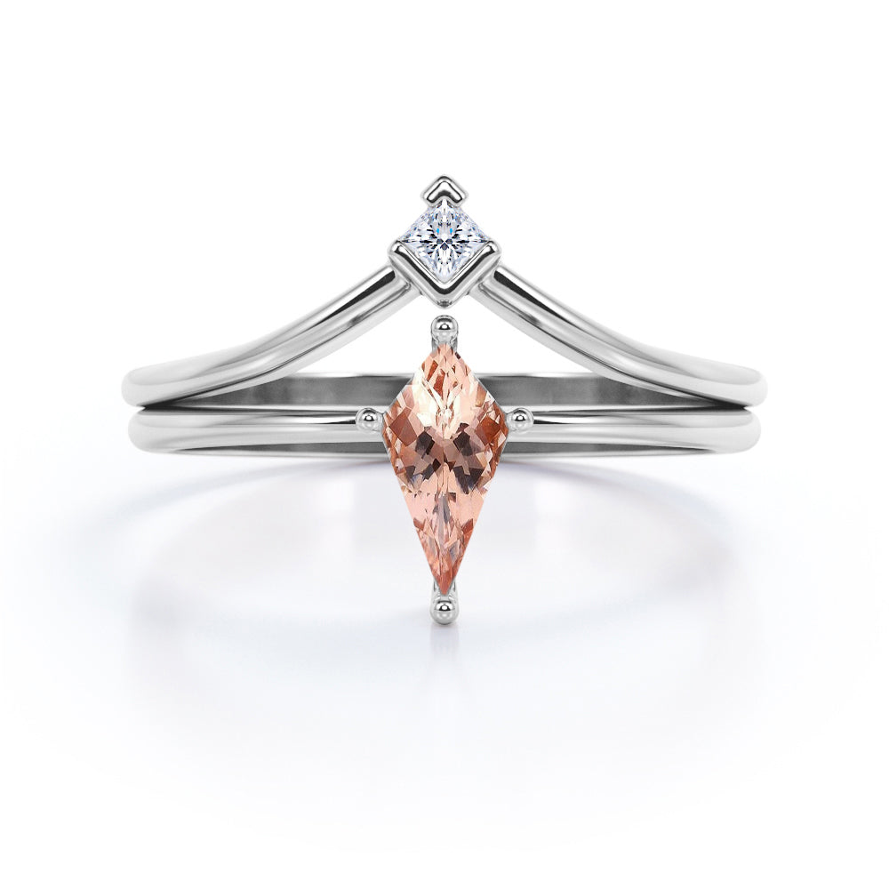 Double Layered 1 carat Kite shaped Morganite and diamond pointed chevron wedding ring set in Black gold
