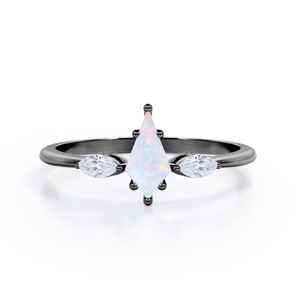 Unique Trillion 1.1 carat Kite cut Ethiopian Opal and marquise diamond-vintage inspired-pinched shank engagement ring in White gold