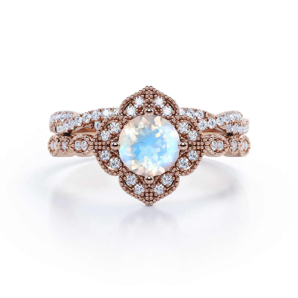 Vintage Flower inspired 1.75 carat Milgrain border Moonstone and half-infinity wedding ring set for her
