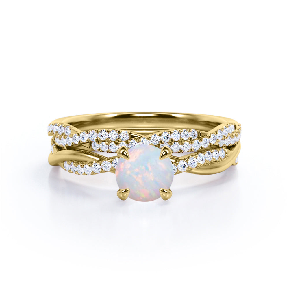 Infinity twist 1.45 carat Round cut natural Ethiopian Opal and diamond Art deco Wedding Bridal ring set in White gold