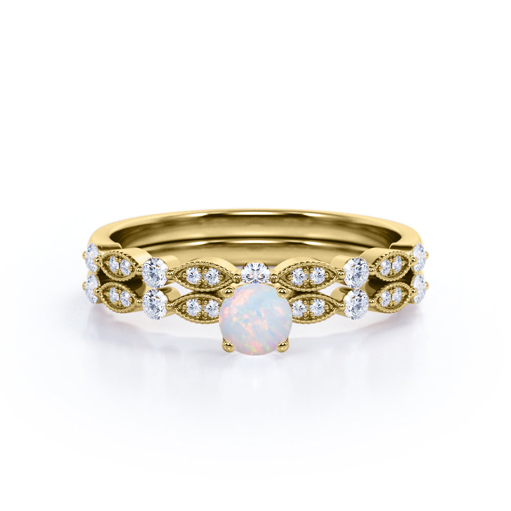 Magnificent Milgrain 1.25 carat Round cut Opal and diamond art deco wedding ring set for women in White gold
