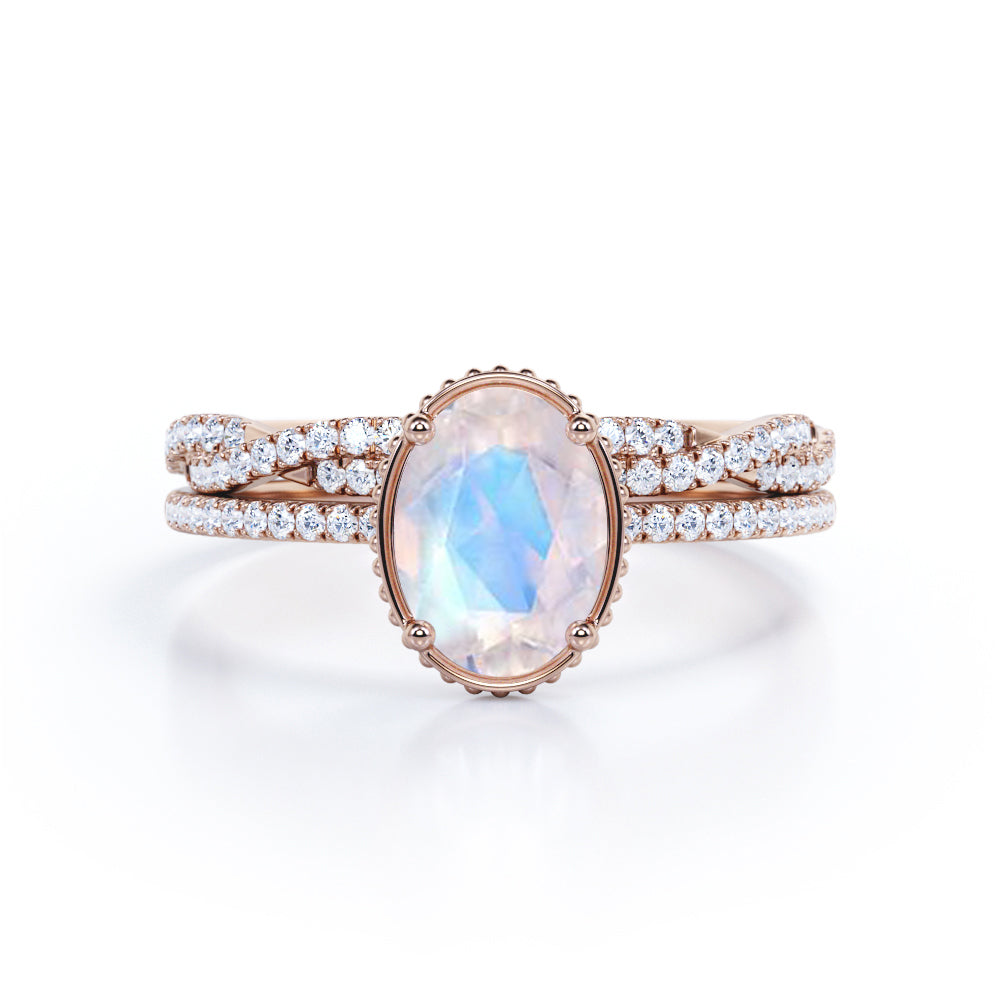 Milgrain Edge 1.5 carat Oval shape Moonstone and diamond Bridal wedding ring set in gold