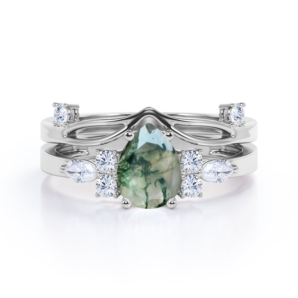 Beveled Chevron 1.25 carat Pear cut Moss Green Agate and diamond Split shank wedding ring set in Black gold