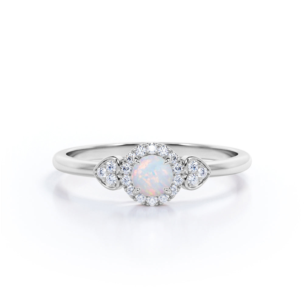 Romantic 0.75 carat Round cut Fire opal and diamond 3 stone halo engagement ring for women-Heart ring
