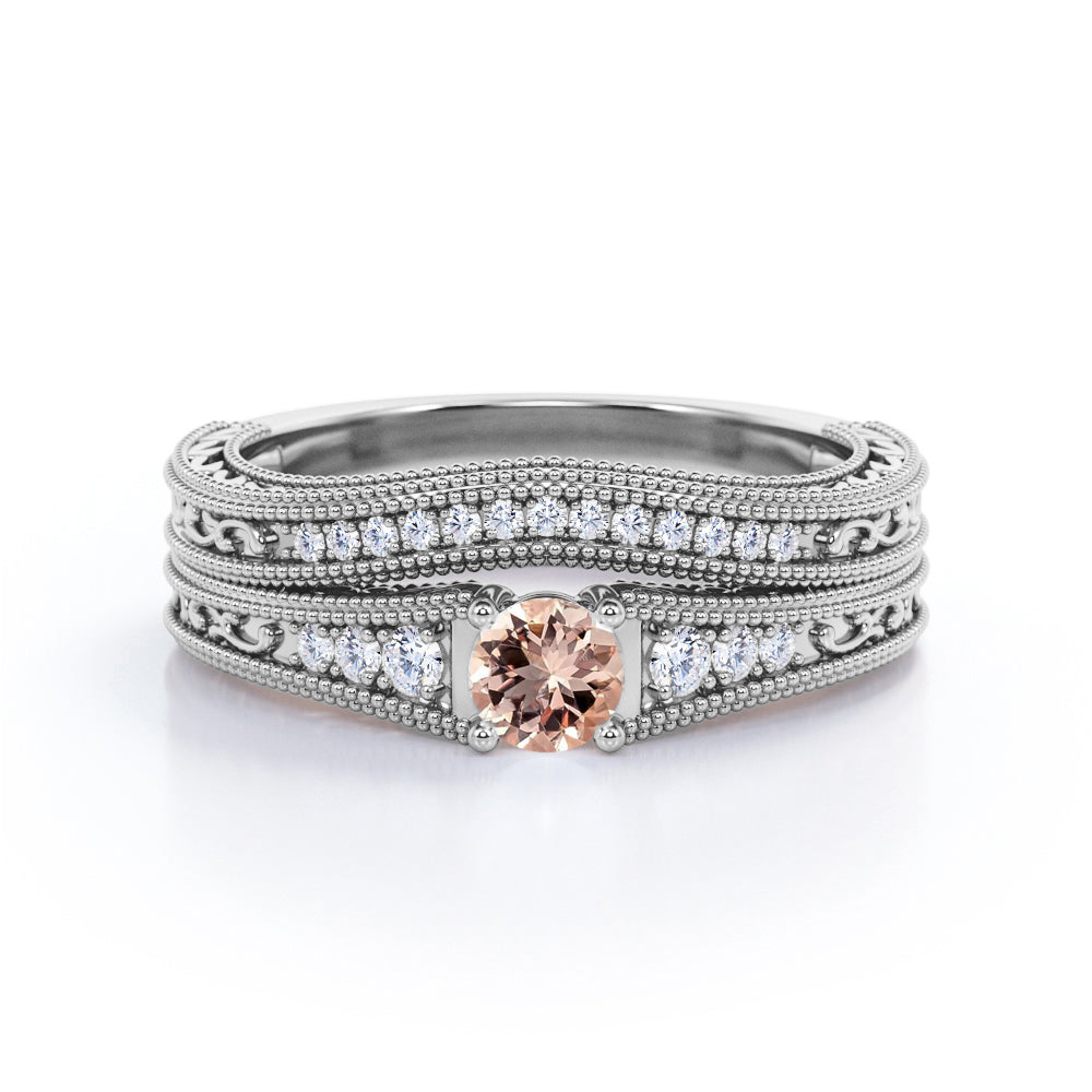 Contoured Milgrain 0.75 carat Round cut Peach Morganite and diamond floral filigree Bridal set for women in Yellow gold