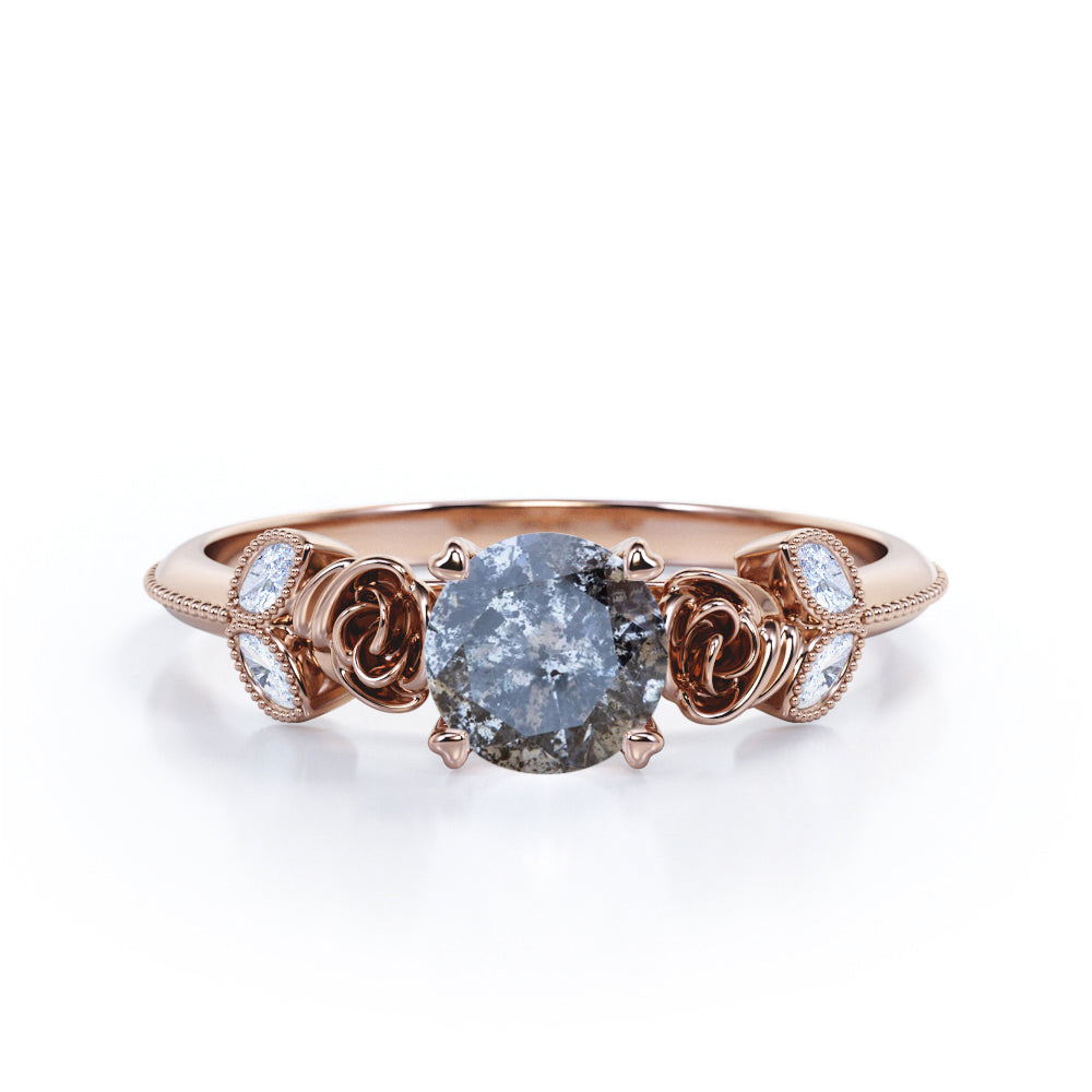 Vintage Flower 0.6 carat Round cut Salt and pepper diamond and White diamond marquise milgrain engagement ring in Black gold
