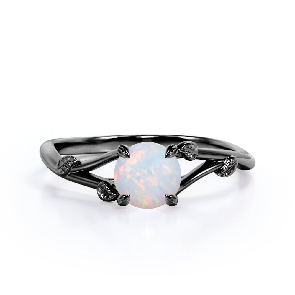 Nature inspired 1 carat Round cut Australian Opal dainty twig and vine engagement ring in White gold