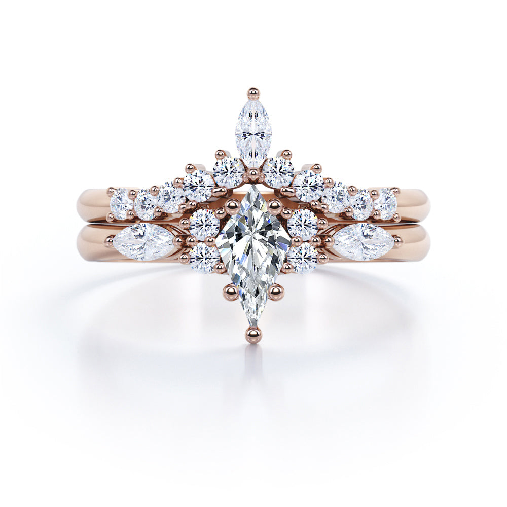 Boho inspired 1.5 carat Kite shaped Moissanite and diamond chevron wedding ring set in yellow gold