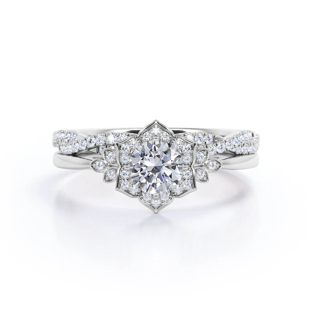 Half-infinity 1.5 carat round cut Moissanite and diamond floral inspired engagement rings and wedding band in gold-Bridal set