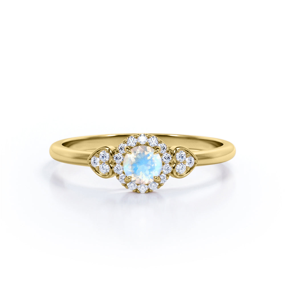 Triple stone 1.25 carat Round cut Rainbow Moonstone and diamond vintage double heart sweetheart ring in Rose gold-Engagement ring