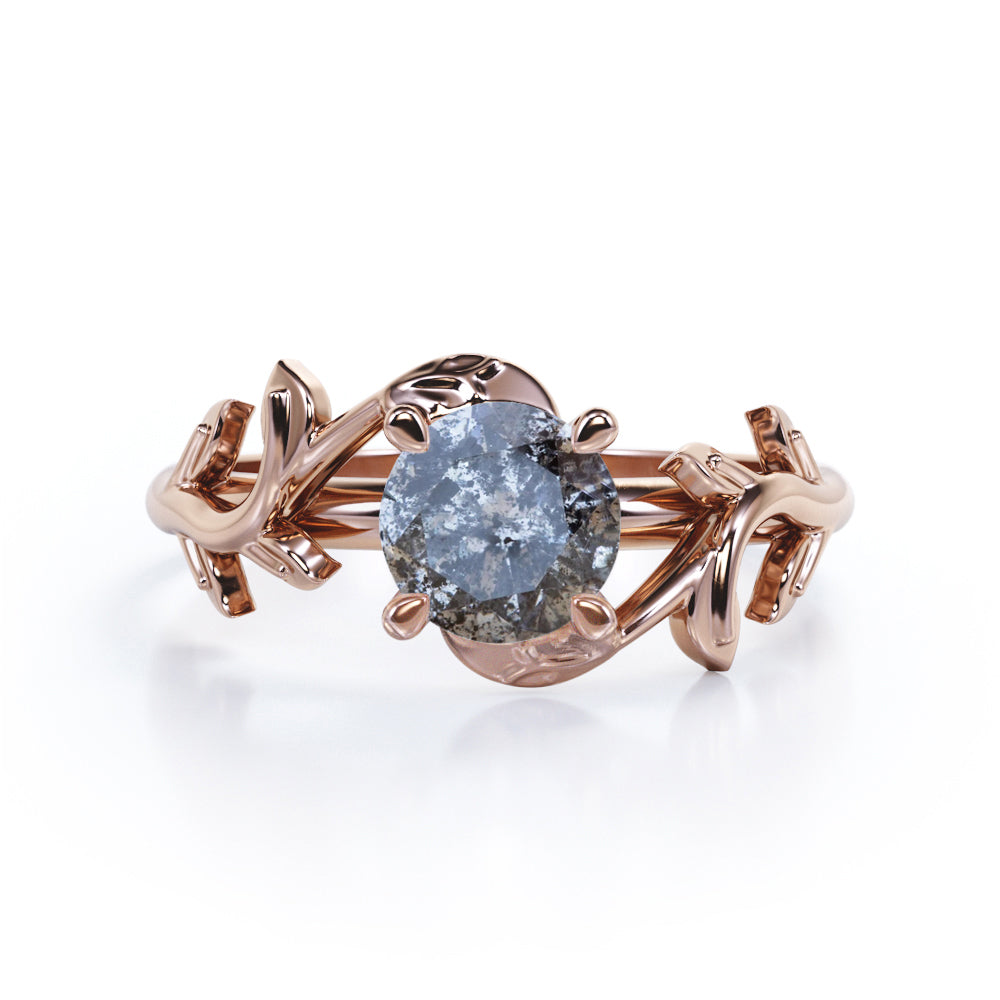 Floral Branchlet 0.5 carat Round cut Salt and pepper diamond nature inspired engagement ring in White gold
