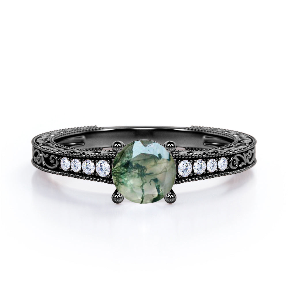 Aesthetic Victorian Scrollwork 1.25 carat Round cut Moss Green Agate and diamond engagement ring in White gold