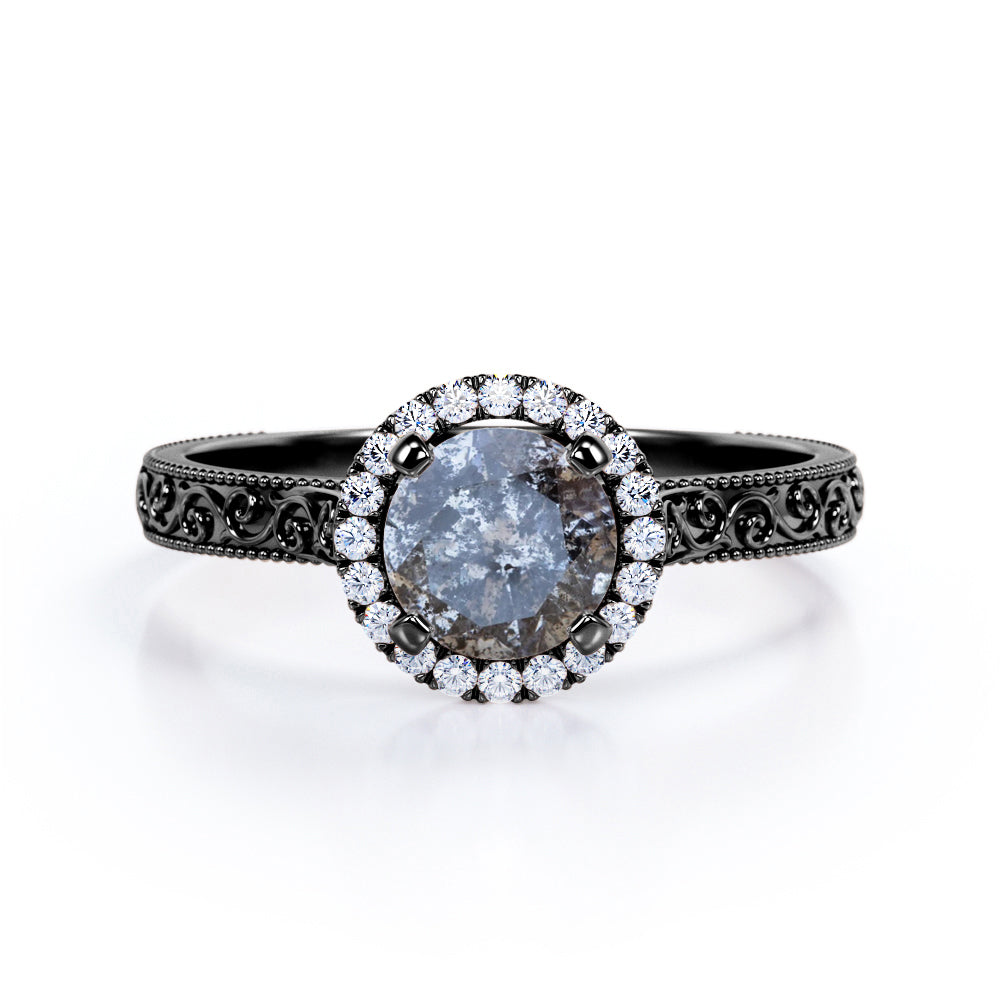Floral filigree 0.65 carat Round cut Salt and pepper diamond and White diamond unique halo engagement ring in white gold