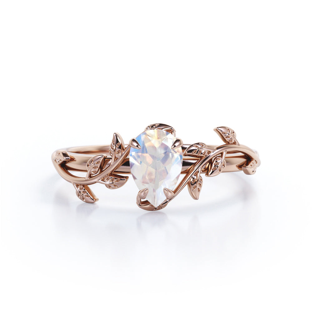 Vine leaf inspired 1 carat Pear cut Moonstone Almond shape Engagement ring for her - Anniversary ring