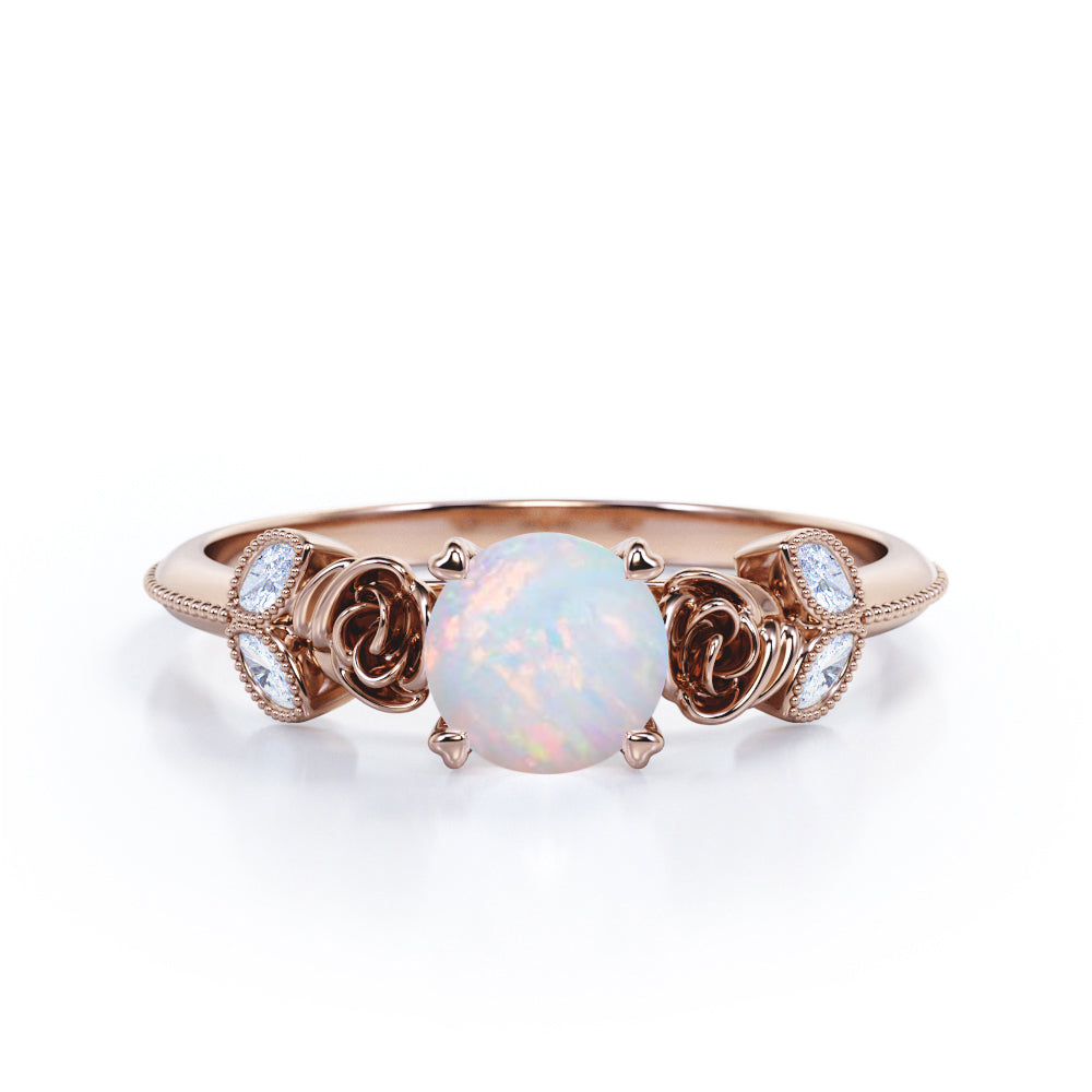 Flower inspired 1 carat Round cut Opal and marquise diamond Milgrain Edge Engagement ring in Black gold