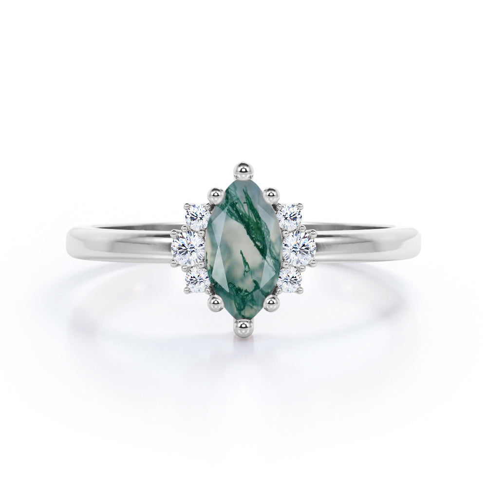 Floral 7 stones 1.25 carat Moss Agate and diamond engagement ring in Black gold