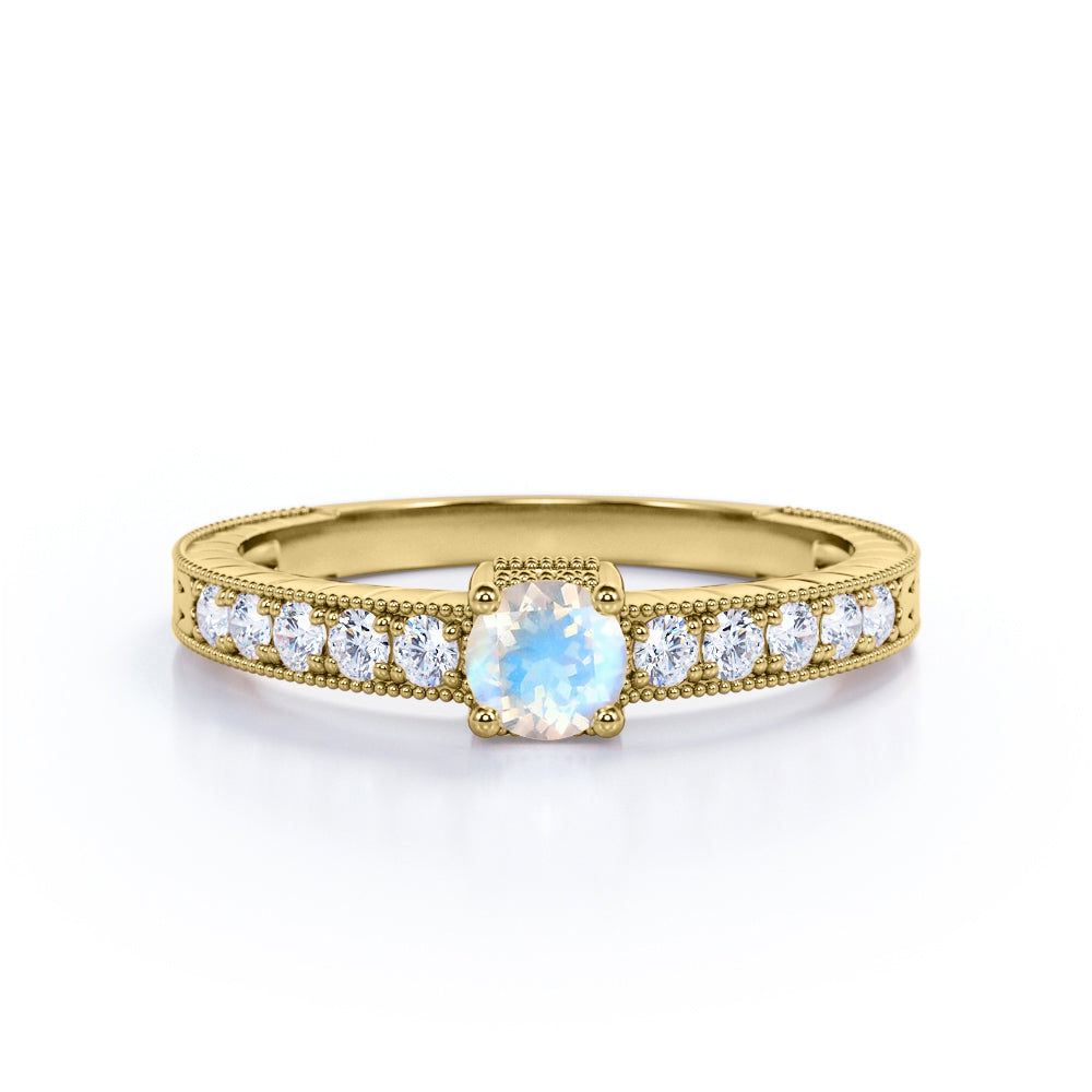Vintage Beaded 1.25 carat Round cut Blue Moonstone and pave diamond Milgrain Edge Engagement ring in White gold
