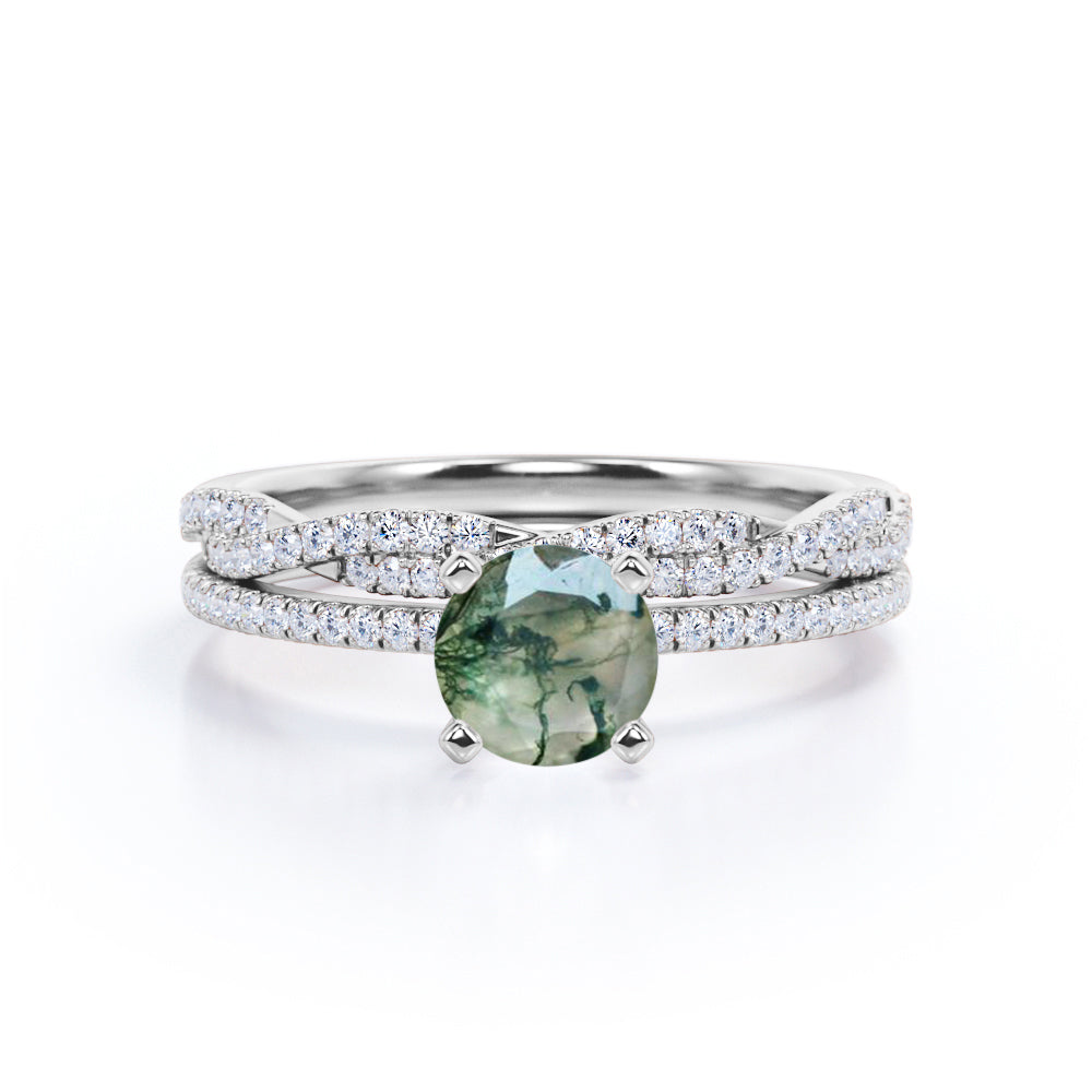 Elegant 1.50 carat Round cut 4 Prong Moss Green Agate and diamond Infinity Wedding ring set in White gold