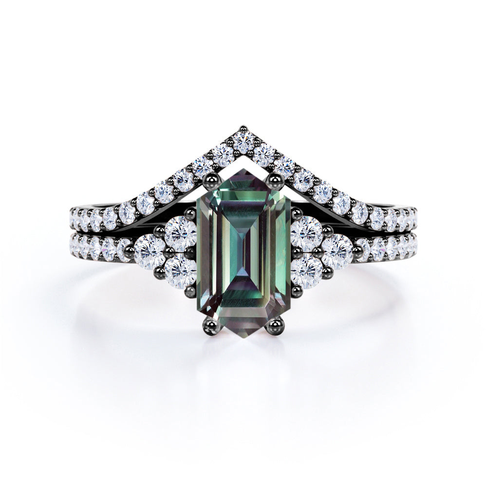 Pave Chevron 1.7 carat Hexagon shaped Lab made Alexandrite and diamond wedding ring set for her in White gold