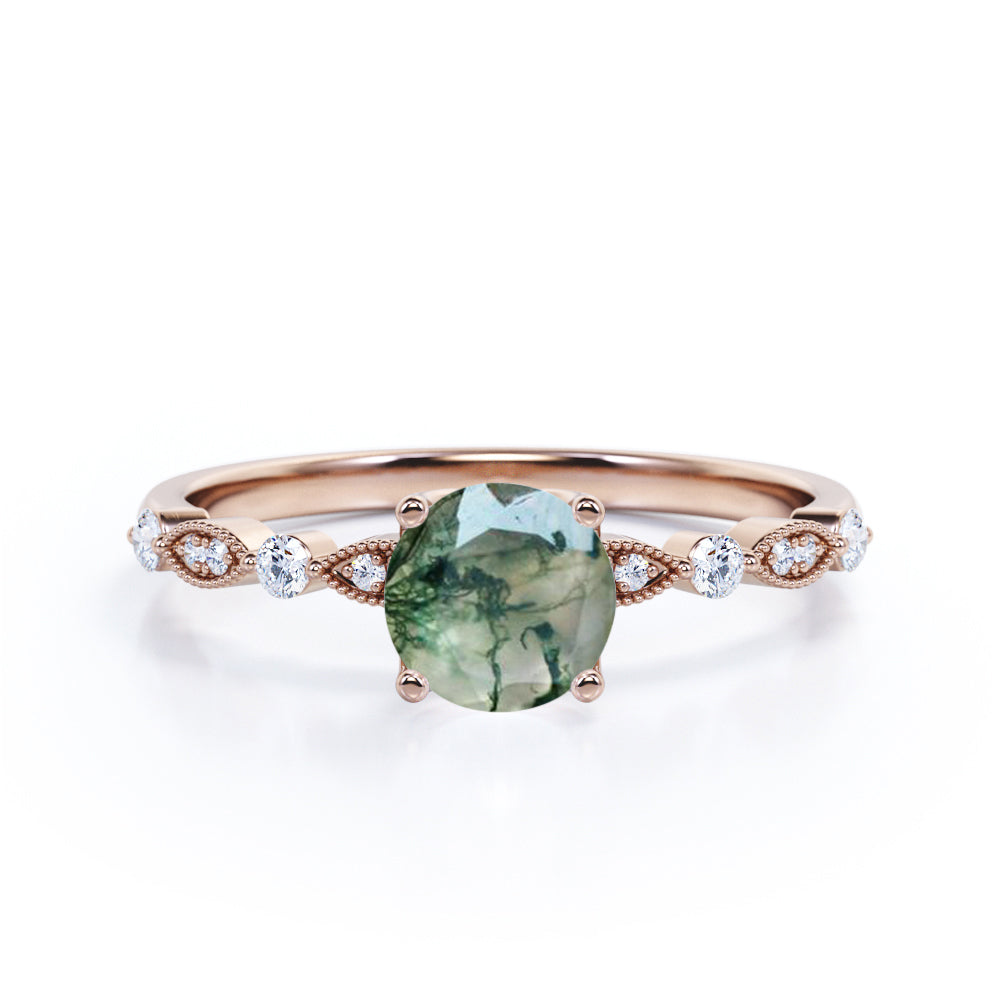 Classic art deco 1.1 carat Round cut Moss Green Agate and diamond engagement ring in White gold