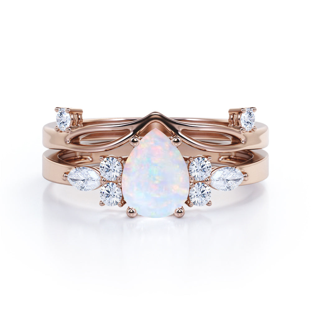Mid century-Modern inspired 1.35 carat Pear cut Opal and diamond vintage art deco bridal set for her in White gold