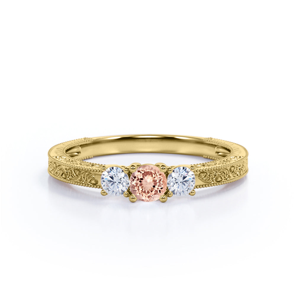 Vintage Milgrain 1.1 carat Round cut Peach Morganite and diamond victorian filigree - three stone engagement ring in White gold