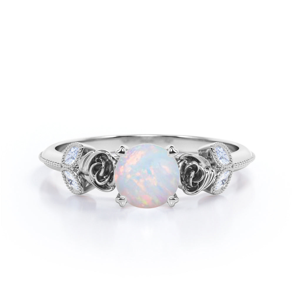 Flower inspired 1 carat Round cut Opal and marquise diamond Milgrain Edge Engagement ring in Black gold