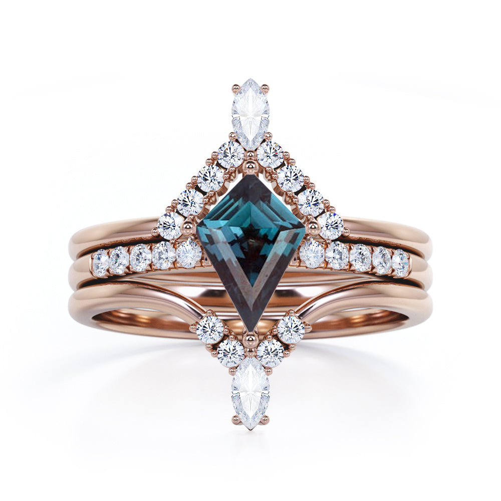 Tiara Chevron 1.35 carat Kite shaped Lab created Alexandrite and diamond trio wedding ring set in White gold