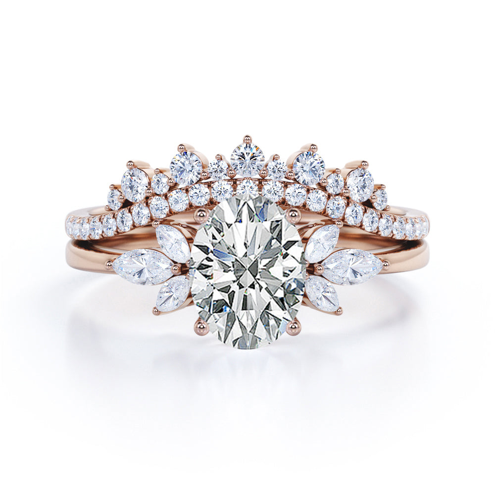 Vintage Sparkle 1.4 carat Oval cut Moissanite and diamonds chevron Bridal set for her in White gold