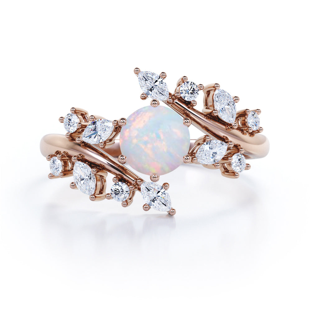 Nature style 1.25 carat Round cut Ethiopian Opal and diamond earthy engagement ring in Black gold