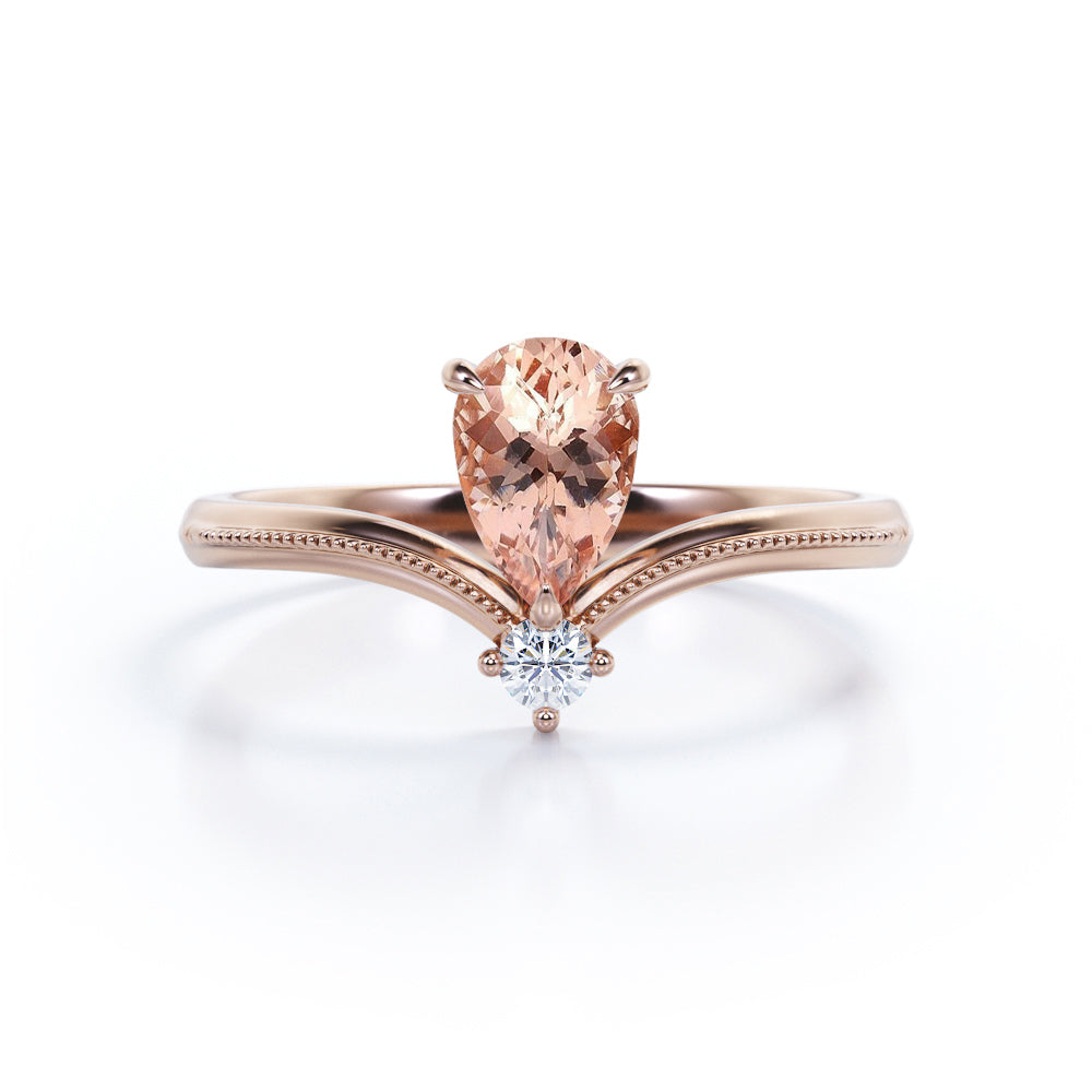 V-shape 1 carat Tear drop Morganite and diamond Milgrain engagement ring in White gold