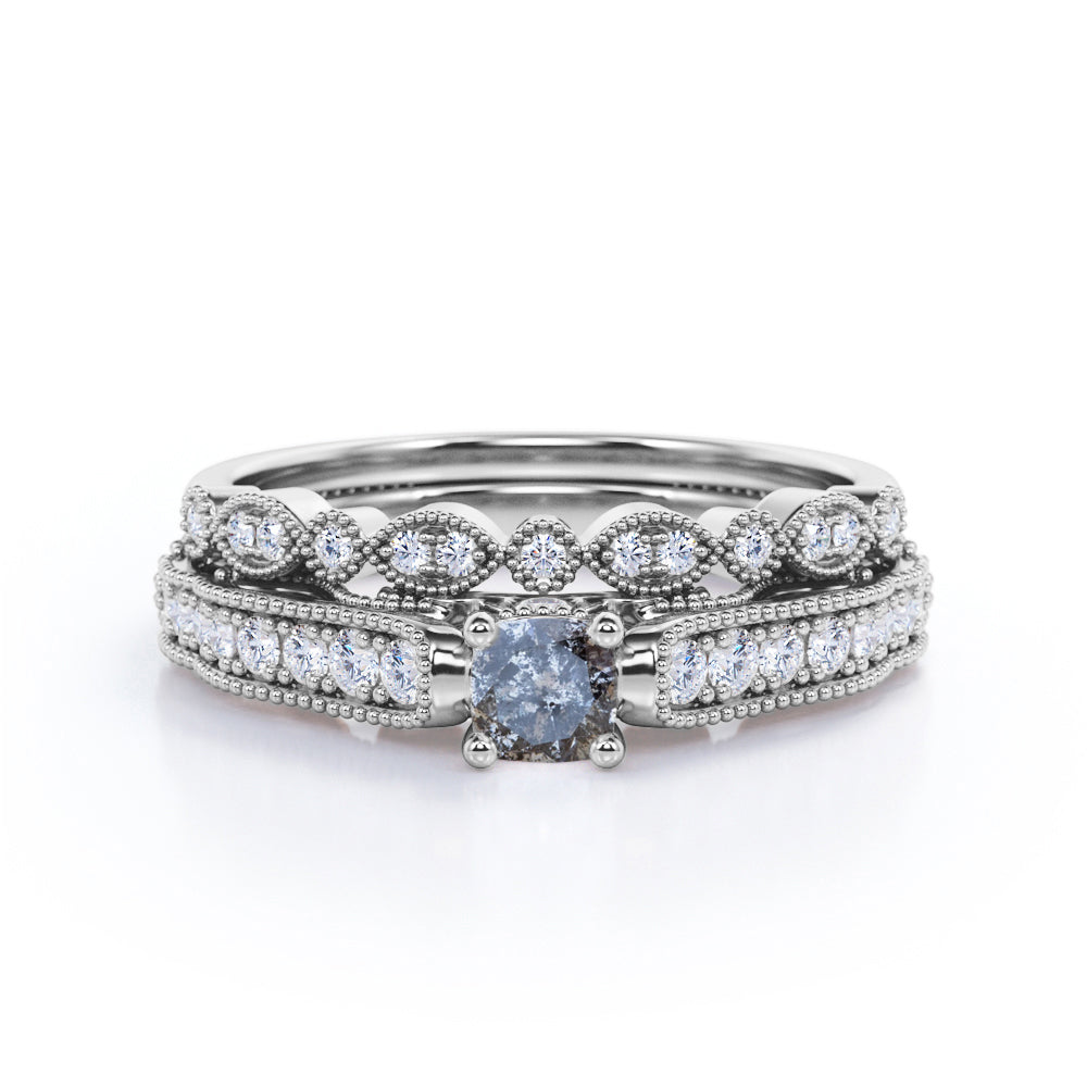 Exquisite Bead décor 0.8 carat Round cut Salt and pepper diamond and white diamond art deco bridal set for her in rose gold