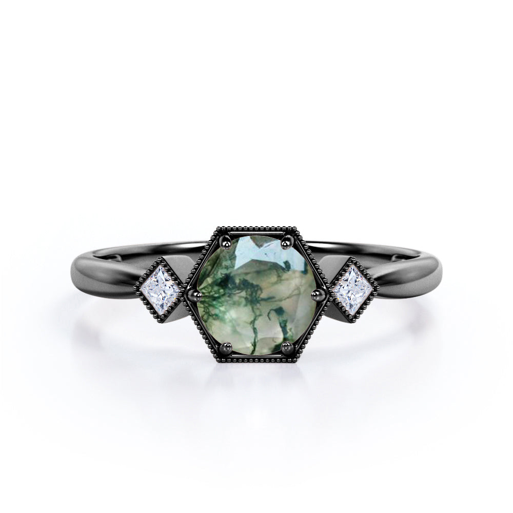 Trillion Bead décor 1.1 carat Round cut Moss Green Agate and diamond tapered engagement ring in Rose gold