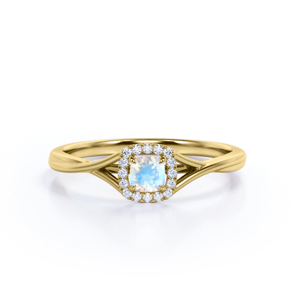 Minimal Twist Shank 0.75 carat Cushion Cut Blue Moonstone and diamond floral halo engagement ring in White gold