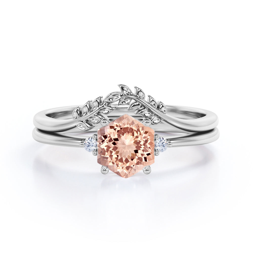 Quadrilateral Chevron 0.55 carat Hexagon Morganite and diamond floral contoured wedding ring set in Black gold