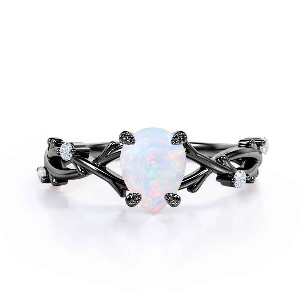 Vintage twig 1 carat Pear cut Ethiopian Opal and diamond forest engagement ring in White gold