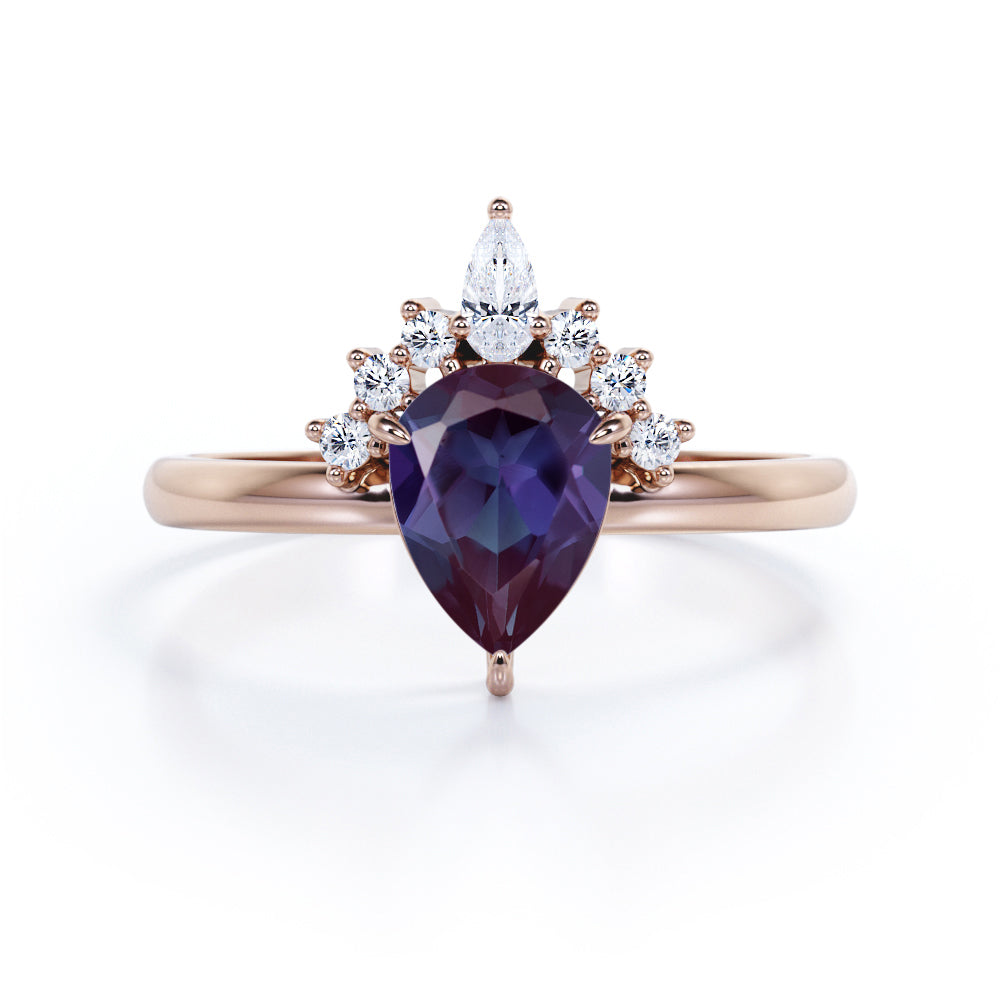 Elegant tiara 1.15 carat Pear shaped Lab made Alexandrite and diamond 3 prong engagement ring in White gold