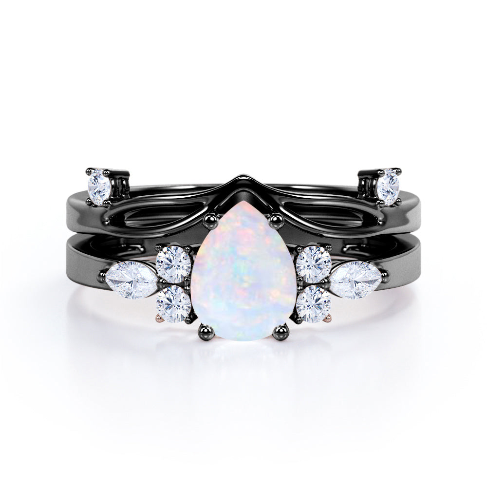 Mid century-Modern inspired 1.35 carat Pear cut Opal and diamond vintage art deco bridal set for her in White gold