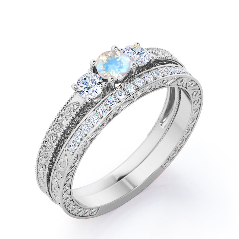 Past Present future 1.25 carat Round cut Vintage art deco Moonstone and diamond wedding ring set for her