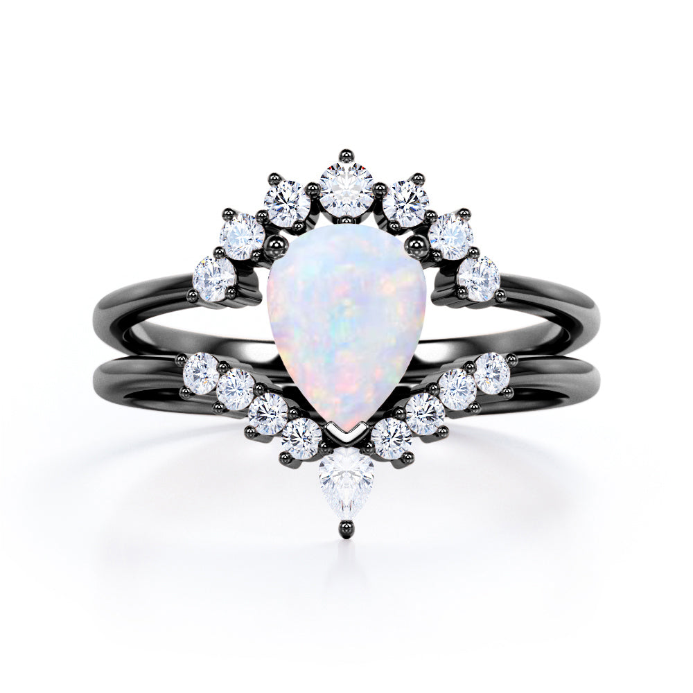 Royal Crown inspired 1.15 carat Pear cut Opal and diamond chevron wedding ring set for women in Rose gold