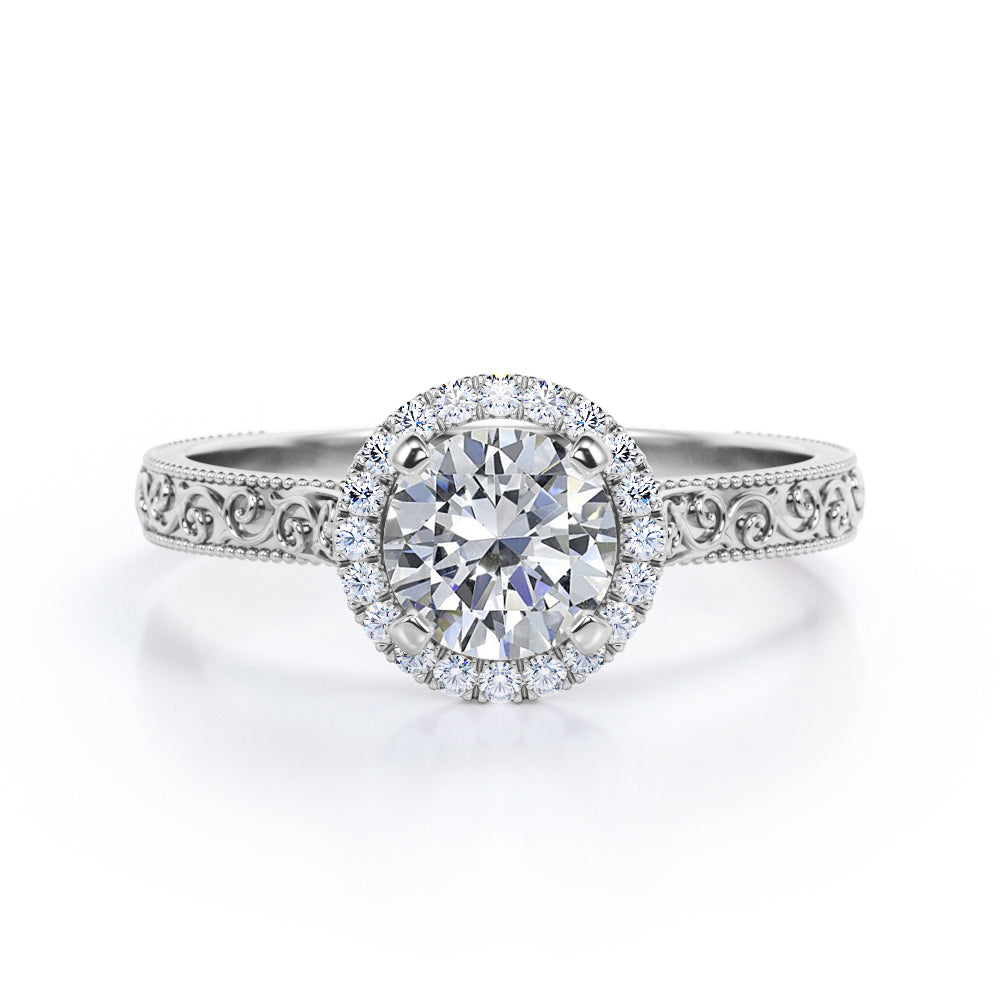 Filigree engraved 1.15 carat Round cut Moissanite and diamond Edwardian engagement ring in Rose gold