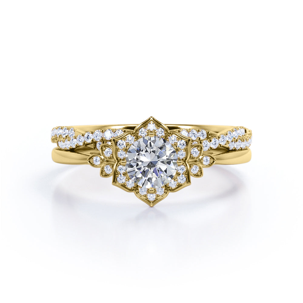 Half-infinity 1.5 carat round cut Moissanite and diamond floral inspired engagement rings and wedding band in gold-Bridal set