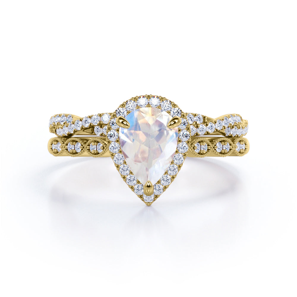 Art deco Antique 1.75 carat Pear shaped Milgrain Moonstone and diamond Wedding ring set- Anniversary ring in White gold