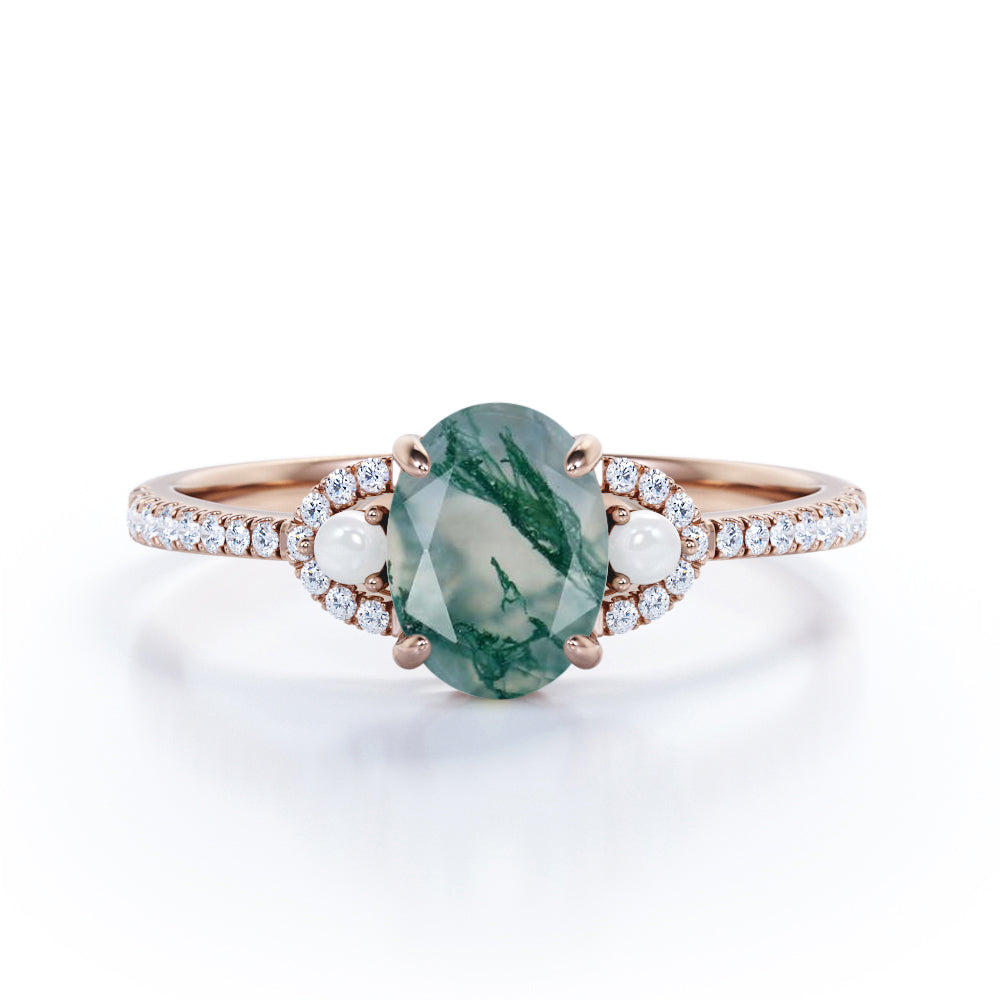 Eternity Pave 1.35 carat Oval shaped Moss Green Agate and diamond with freshwater pearl promise ring in White gold