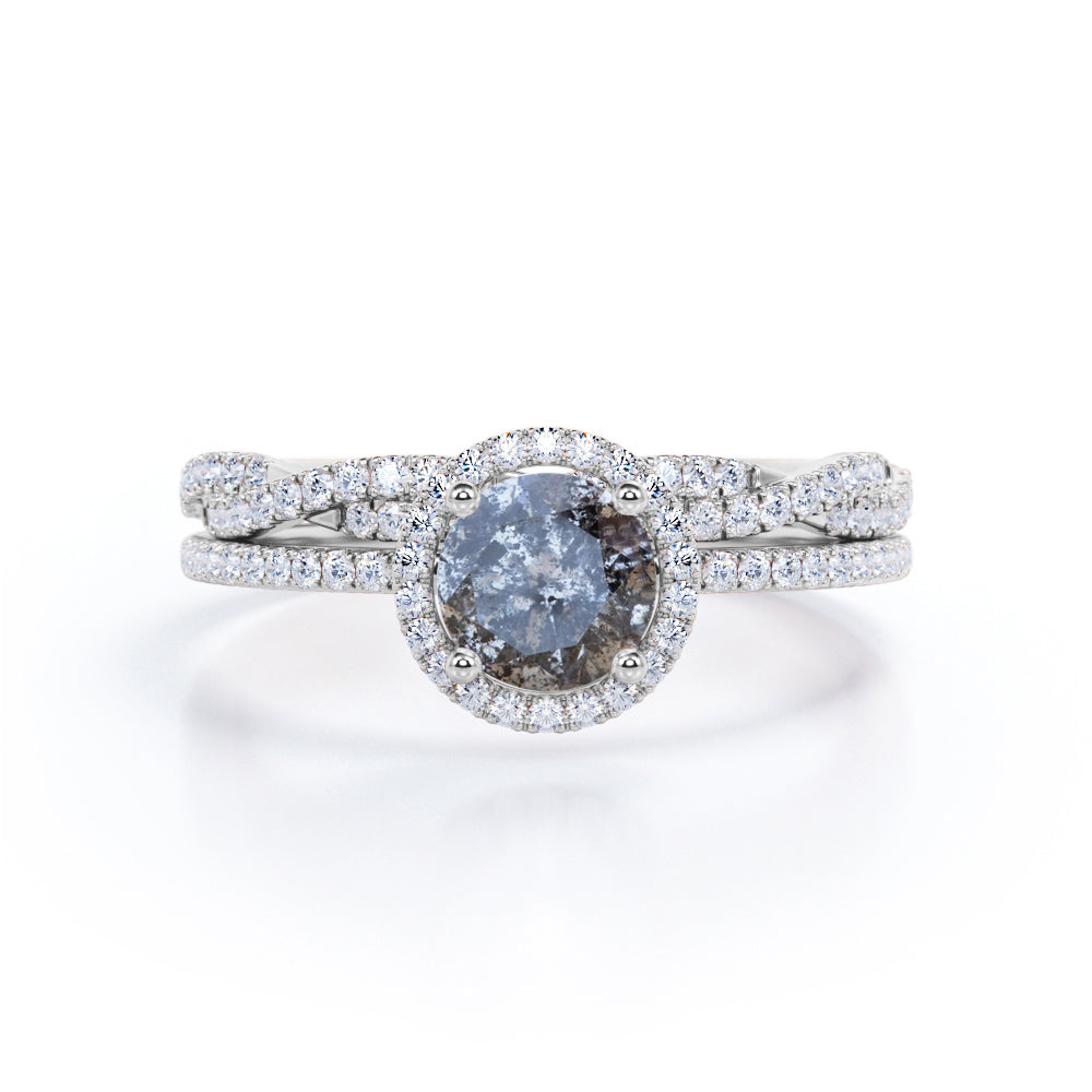 Vintage Halo 1.1 carat Round cut salt and pepper diamond Engagement ring with diamond infinity wedding band - Bridal set in White gold